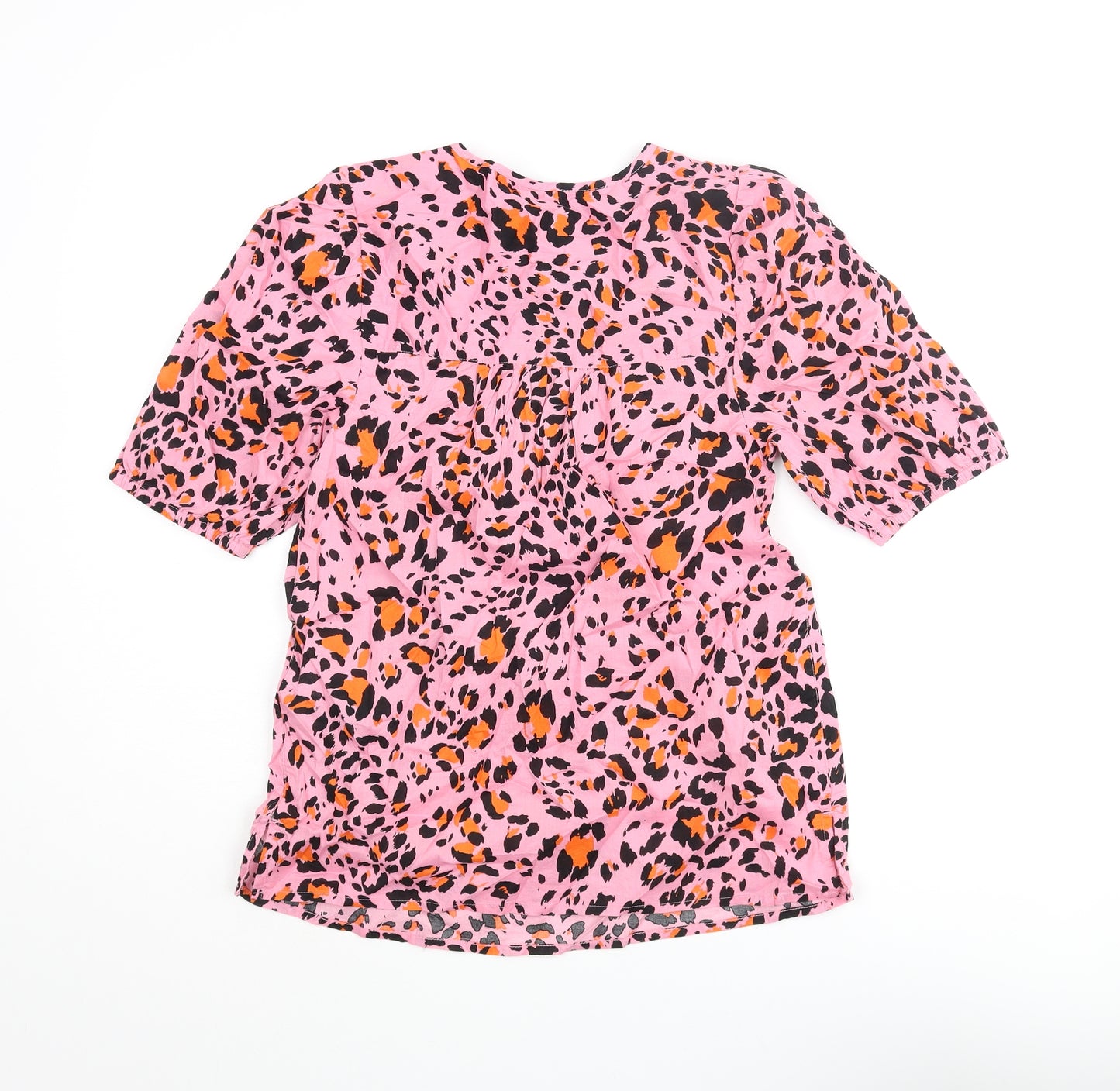 Marks and Spencer Womens Pink Animal Print Cotton Basic Blouse Size 6 Round Neck - Leopard Print