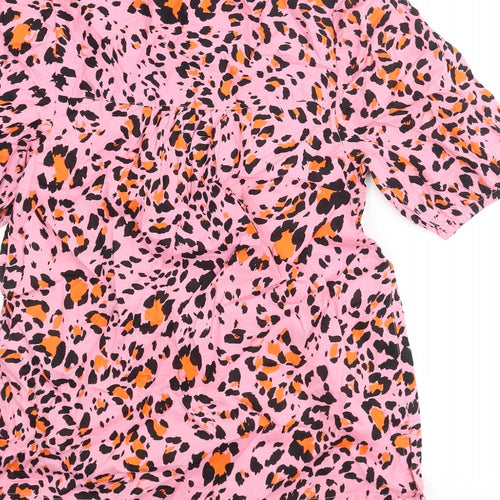 Marks and Spencer Womens Pink Animal Print Cotton Basic Blouse Size 6 Round Neck - Leopard Print