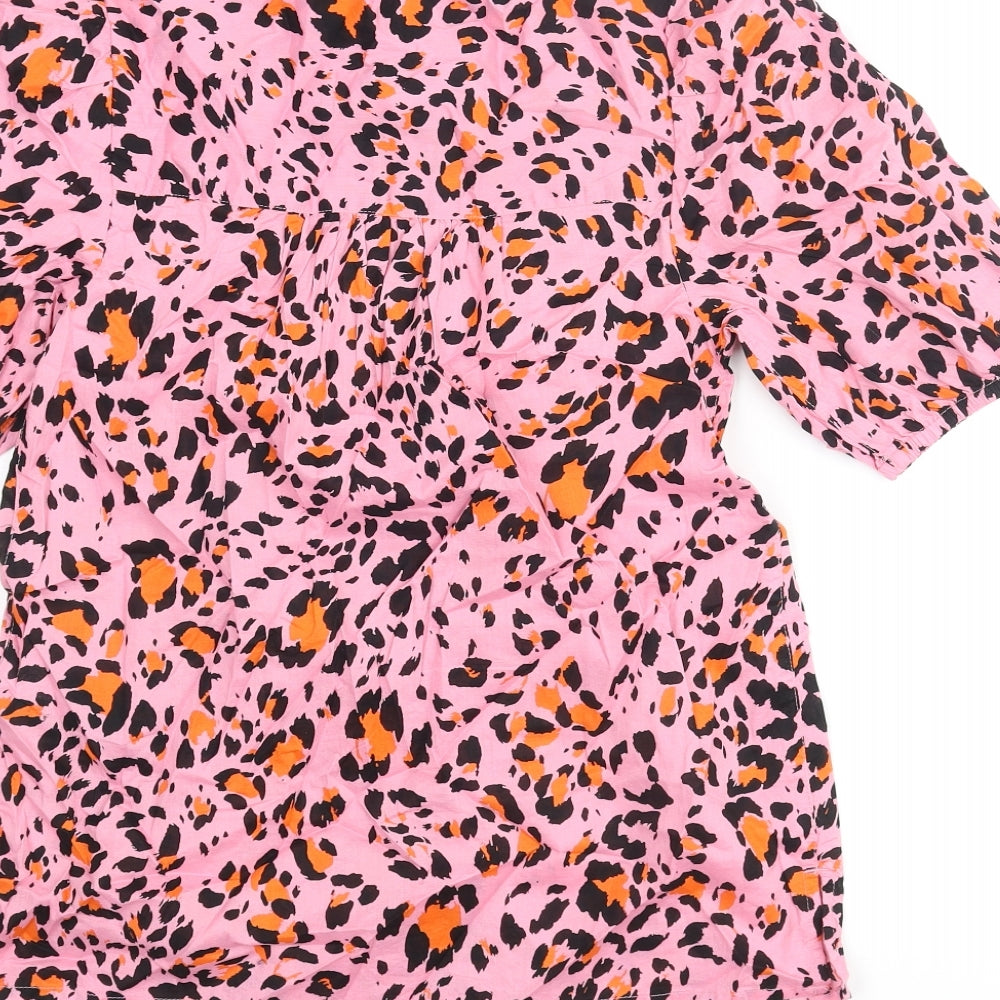 Marks and Spencer Womens Pink Animal Print Cotton Basic Blouse Size 6 Round Neck - Leopard Print