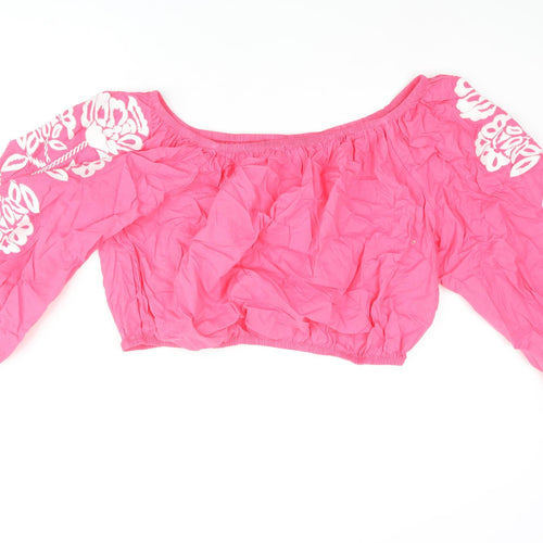 Marks and Spencer Womens Pink Cotton Cropped Blouse Size 18 Boat Neck - Floral Embroidered Sleeves