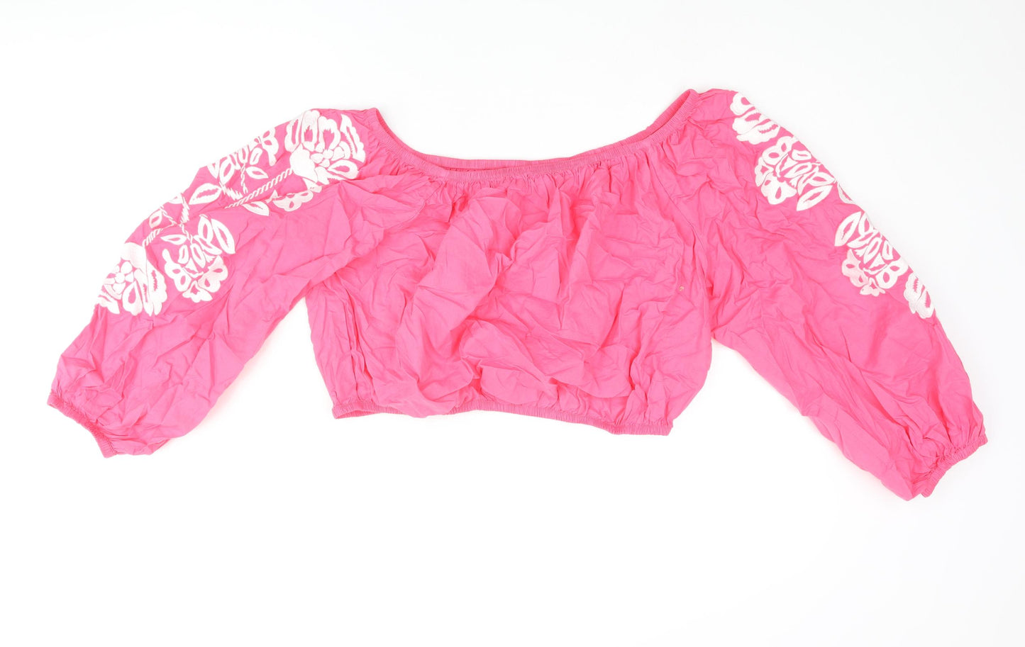 Marks and Spencer Womens Pink Cotton Cropped Blouse Size 18 Boat Neck - Floral Embroidered Sleeves