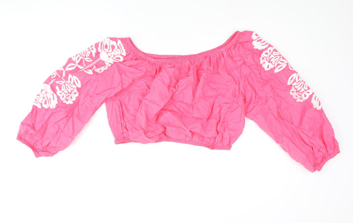 Marks and Spencer Womens Pink Cotton Cropped Blouse Size 18 Boat Neck - Floral Embroidered Sleeves