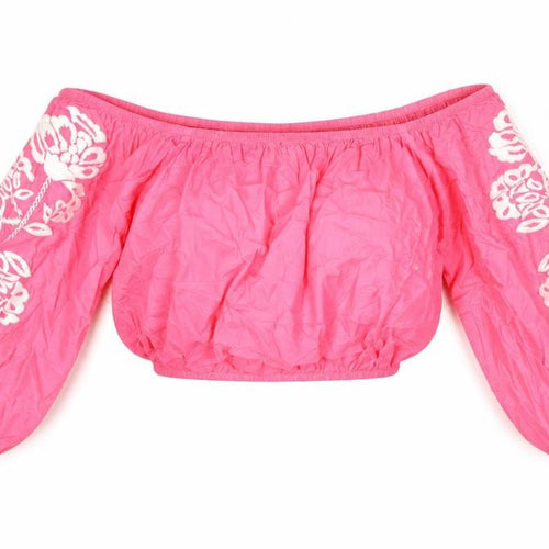 Marks and Spencer Womens Pink Cotton Cropped Blouse Size 18 Boat Neck - Floral Embroidered Sleeves