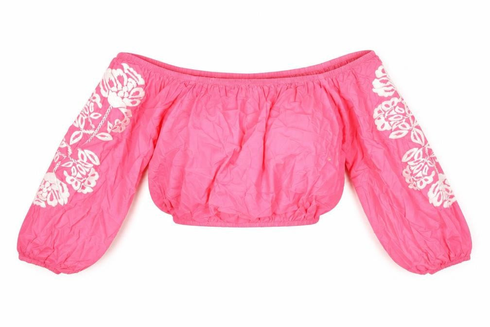 Marks and Spencer Womens Pink Cotton Cropped Blouse Size 18 Boat Neck - Floral Embroidered Sleeves