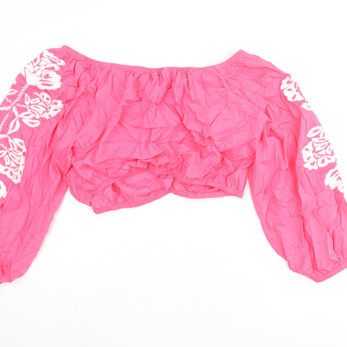 Marks and Spencer Womens Pink Cotton Cropped Blouse Size 18 Boat Neck - Floral Embroidered Sleeves
