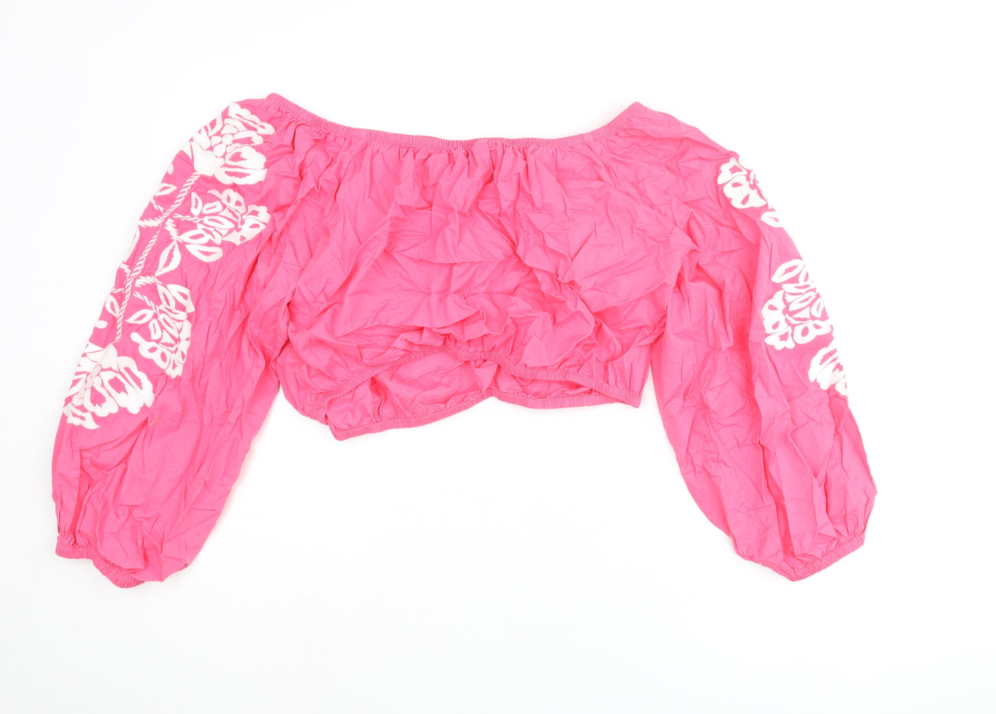 Marks and Spencer Womens Pink Cotton Cropped Blouse Size 18 Boat Neck - Floral Embroidered Sleeves