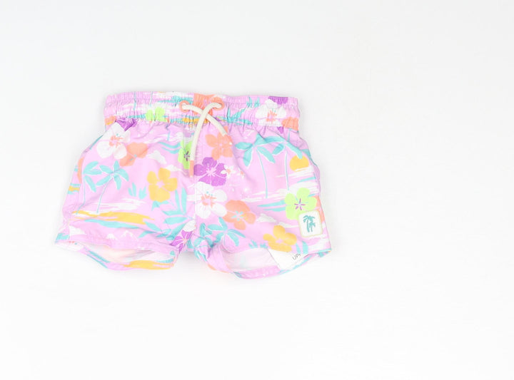 Marks and Spencer Boys Purple Floral Polyester Cropped Trousers Size 0-3 Months Drawstring - Swim Shorts
