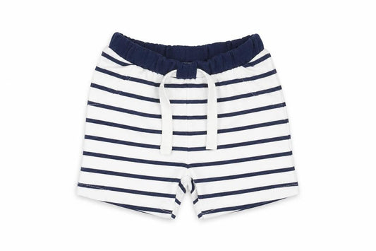 Front view of Marks & Spencer boys’ white striped cotton cropped trousers, size 0-3, months drawstring