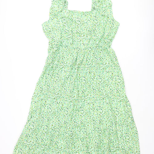 Marks and Spencer Womens Green Floral Cotton A-Line Size 20 Square Neck Pullover - Frill