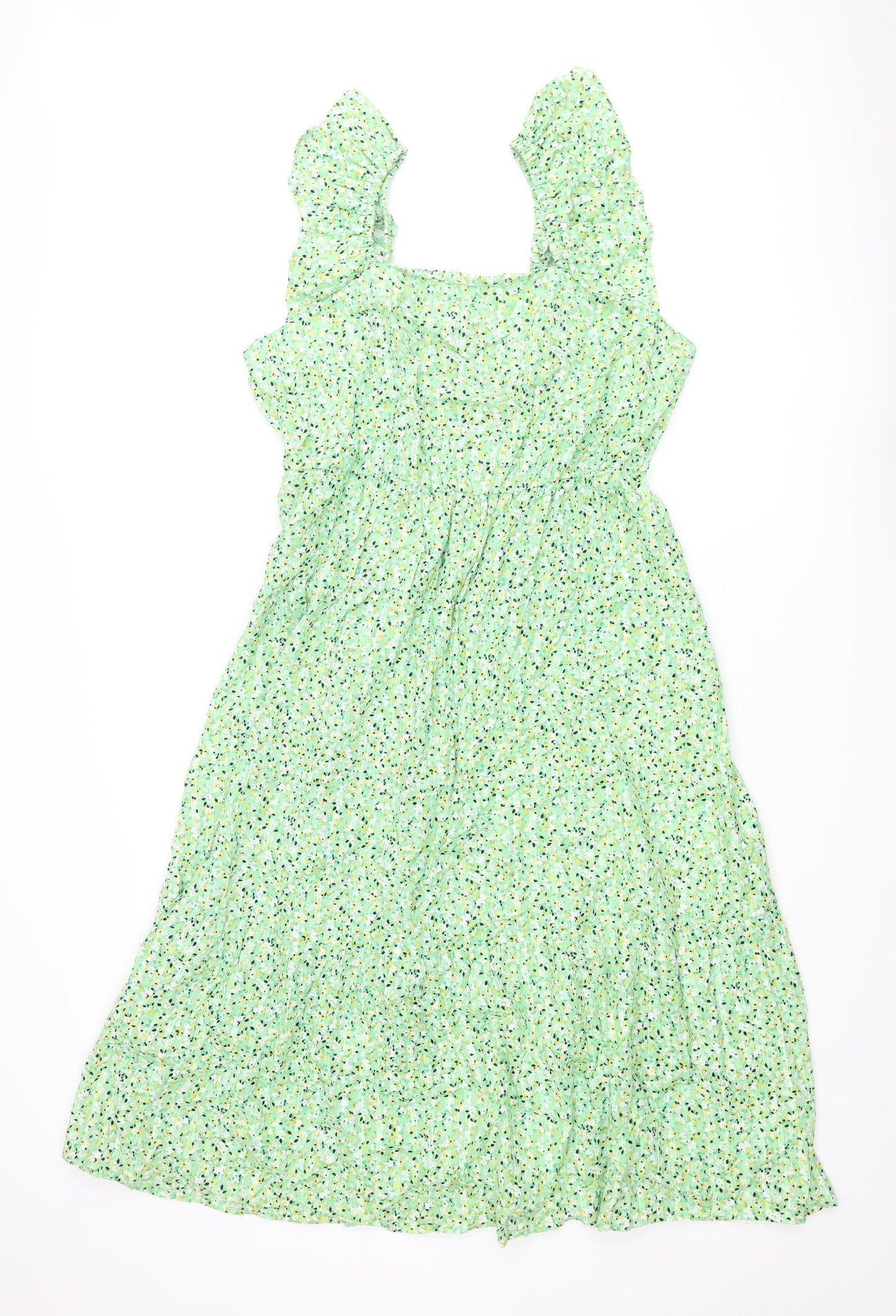 Marks and Spencer Womens Green Floral Cotton A-Line Size 20 Square Neck Pullover - Frill