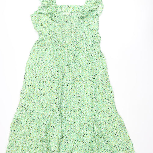 Marks and Spencer Womens Green Floral Cotton A-Line Size 20 Square Neck Pullover - Frill