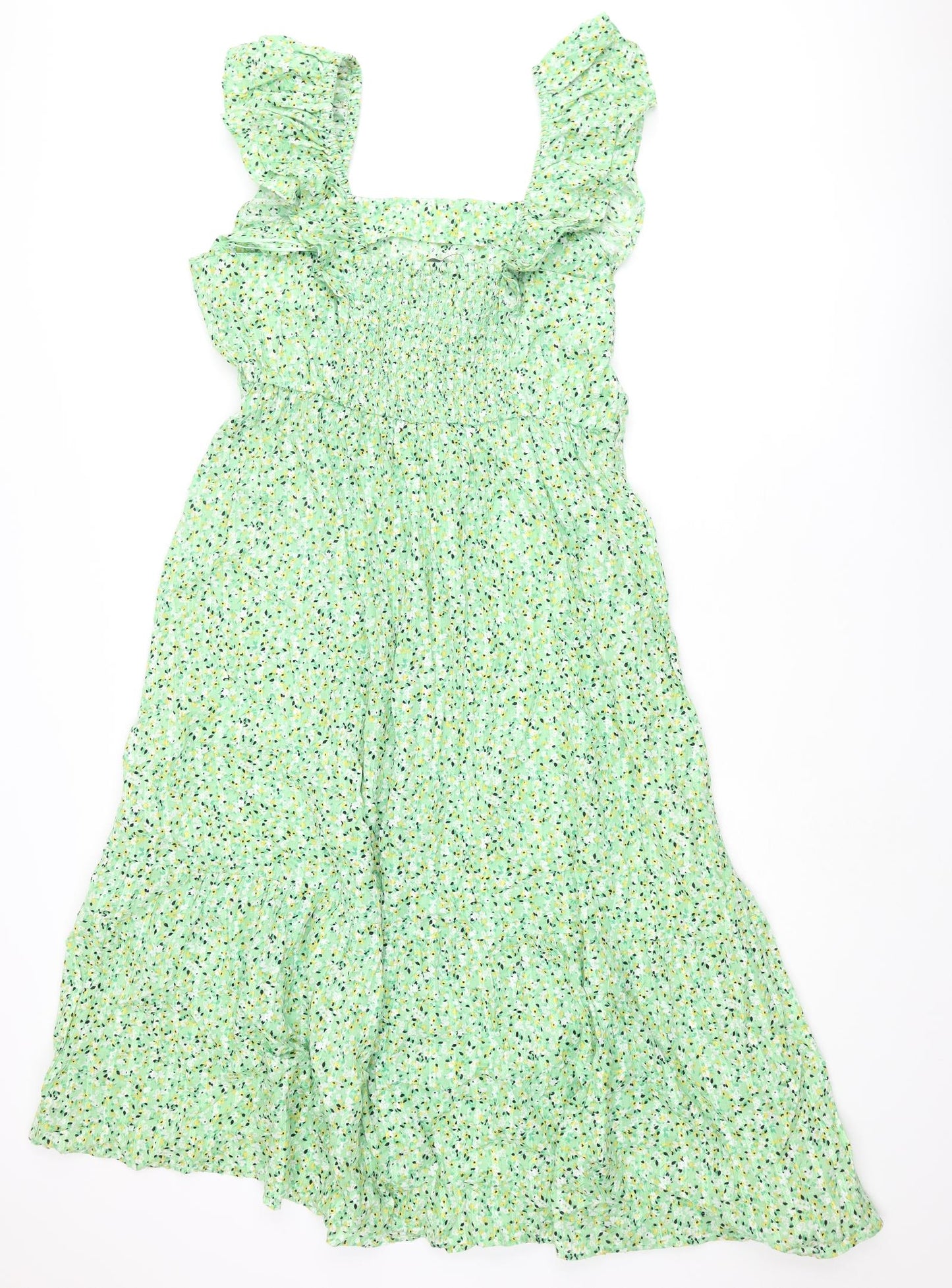 Marks and Spencer Womens Green Floral Cotton A-Line Size 20 Square Neck Pullover - Frill