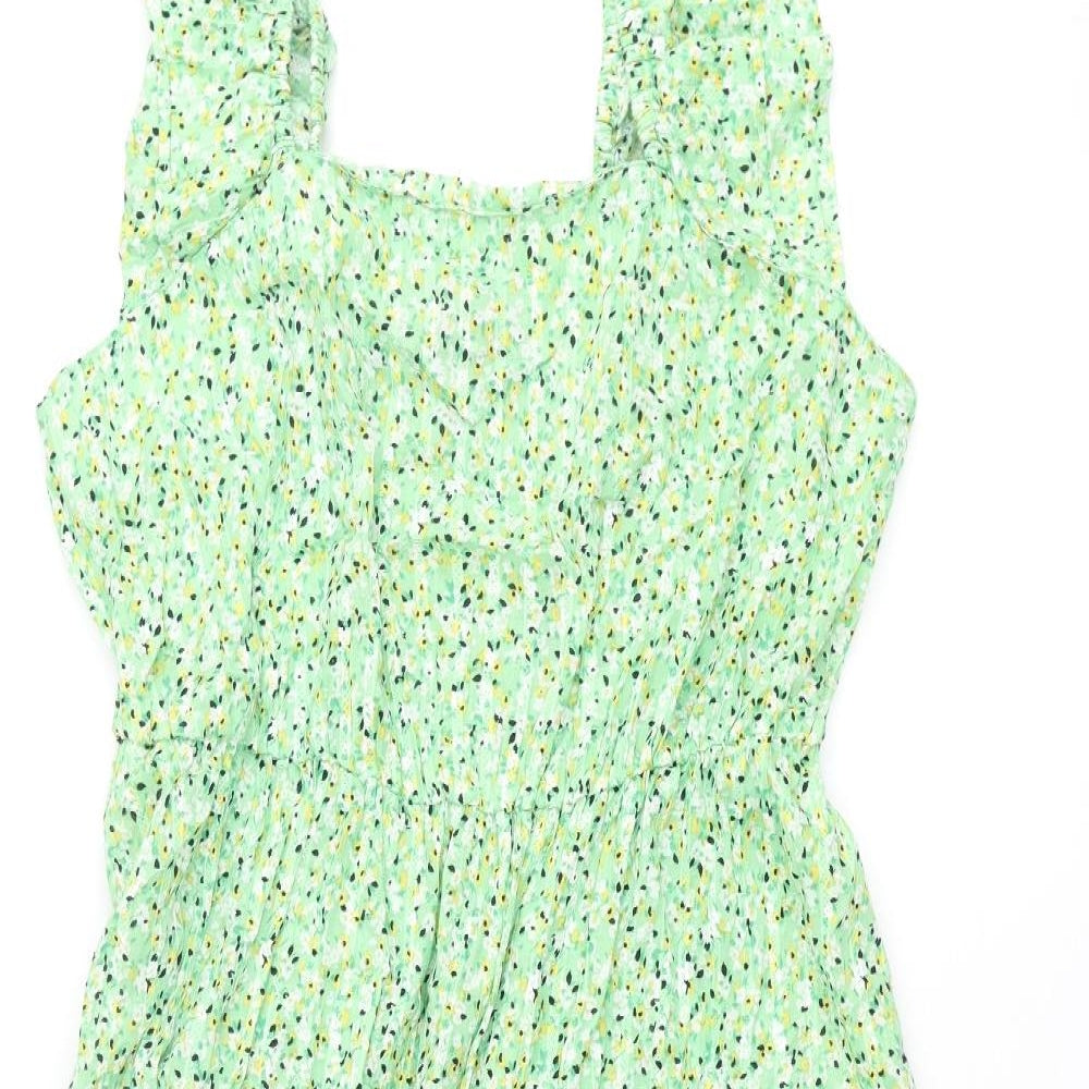 Marks and Spencer Womens Green Floral Cotton A-Line Size 20 Square Neck Pullover - Frill