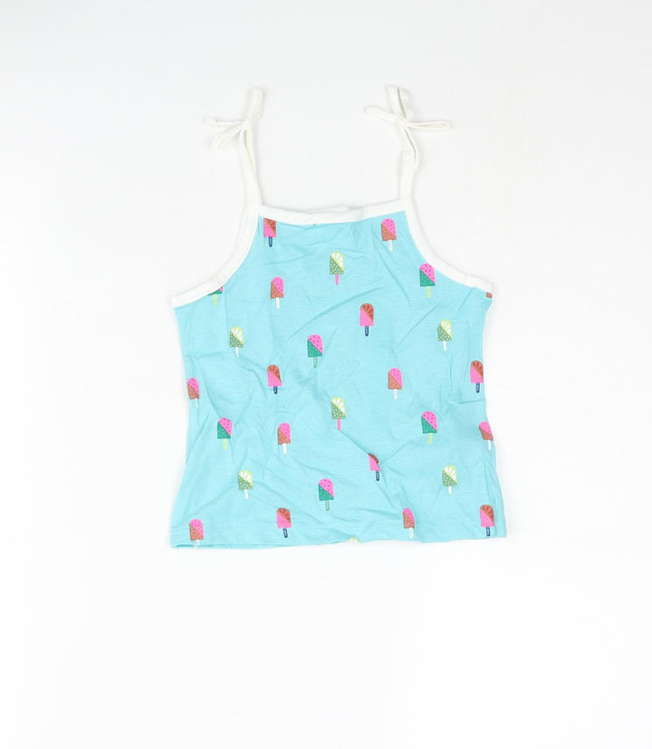 Marks and Spencer Girls Blue Geometric Cotton Basic Tank Size 2-3 Years Square Neck Pullover - Ice Lolly Print