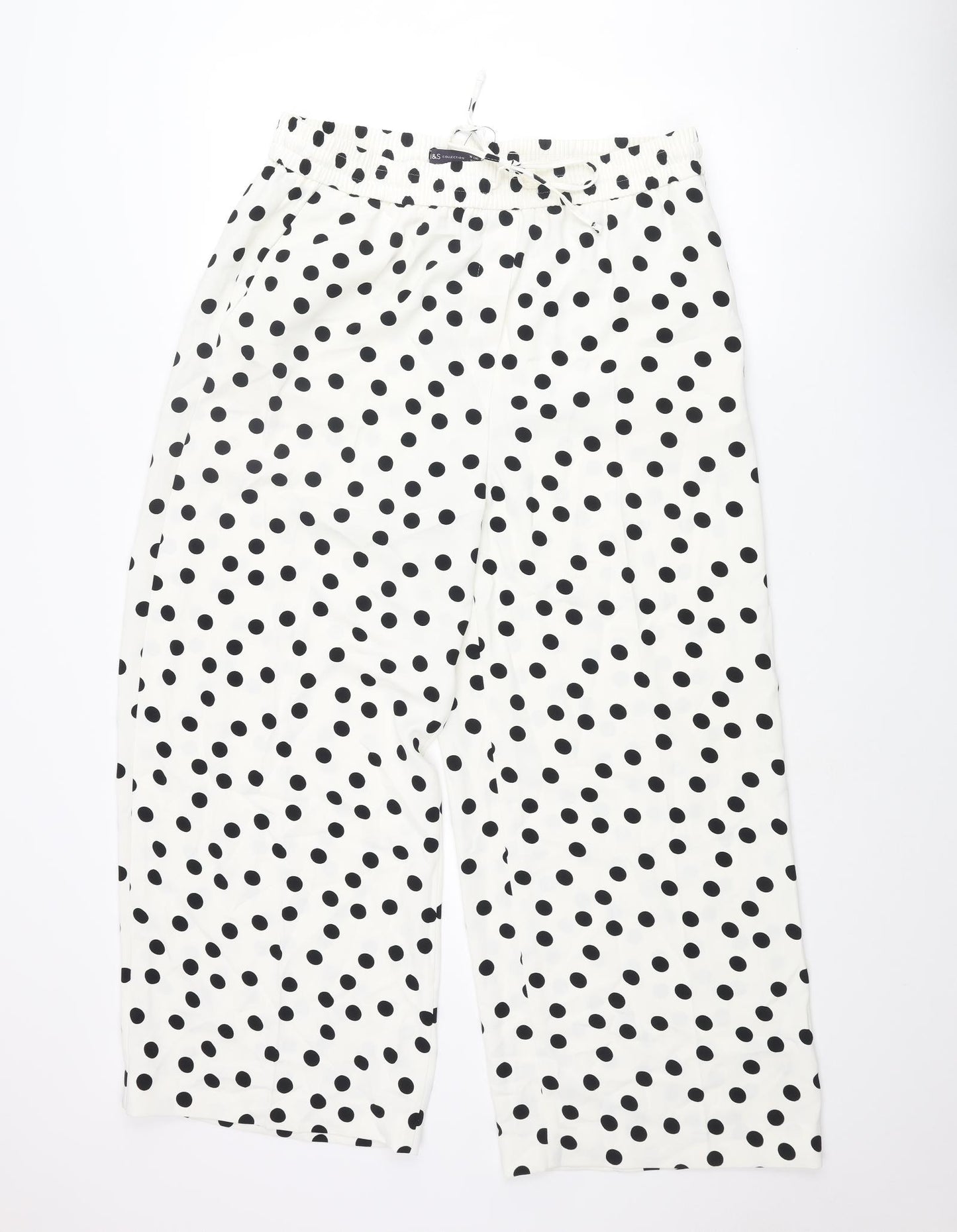 Marks and Spencer Womens Ivory Polka Dot Polyester Cropped Trousers Size 16 L26 in Regular Drawstring