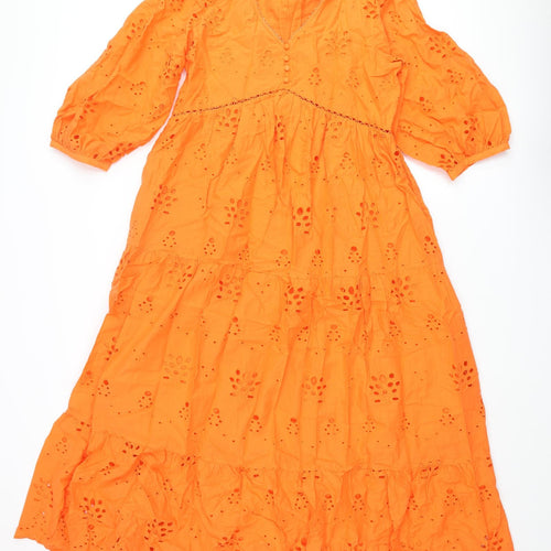 Marks and Spencer Womens Orange Cotton Maxi Size 10 V-Neck Button - Broderie Anglaise