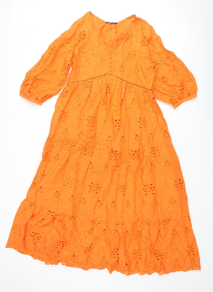 Marks and Spencer Womens Orange Cotton Maxi Size 10 V-Neck Button - Broderie Anglaise