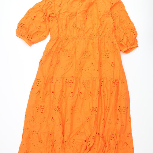 Marks and Spencer Womens Orange Cotton Maxi Size 10 V-Neck Button - Broderie Anglaise