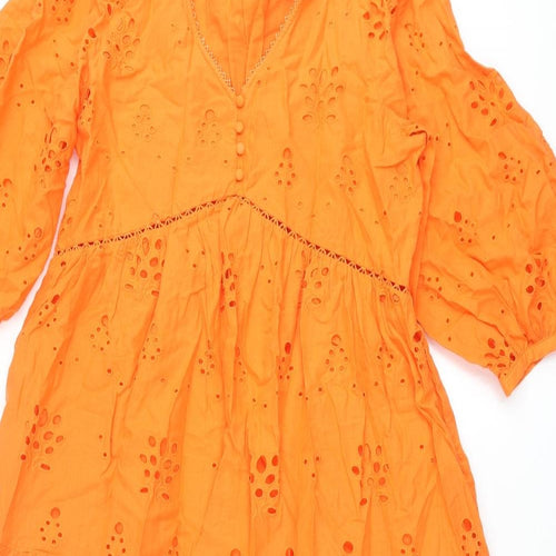 Marks and Spencer Womens Orange Cotton Maxi Size 10 V-Neck Button - Broderie Anglaise