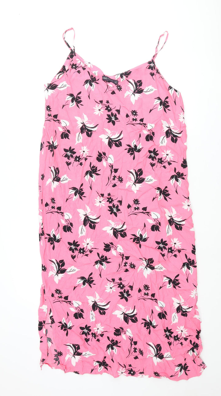 Marks and Spencer Womens Pink Floral Viscose Shift Size 14 Scoop Neck Pullover - Side Slits