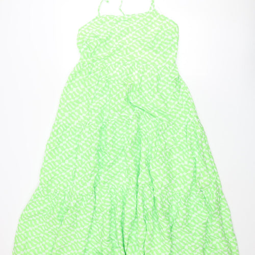Marks and Spencer Womens Green Geometric Cotton A-Line Size 14 Square Neck Tie