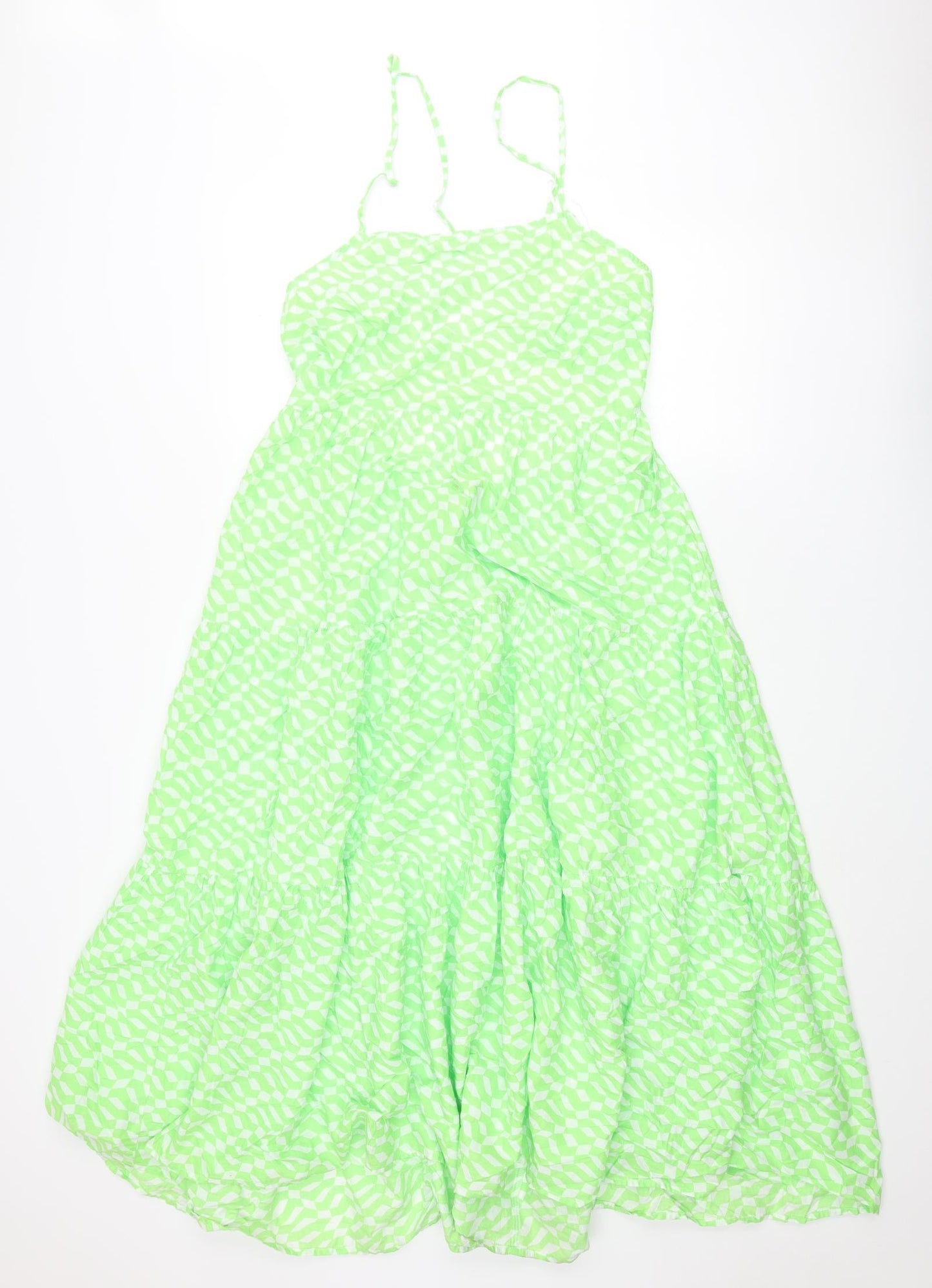 Marks and Spencer Womens Green Geometric Cotton A-Line Size 14 Square Neck Tie