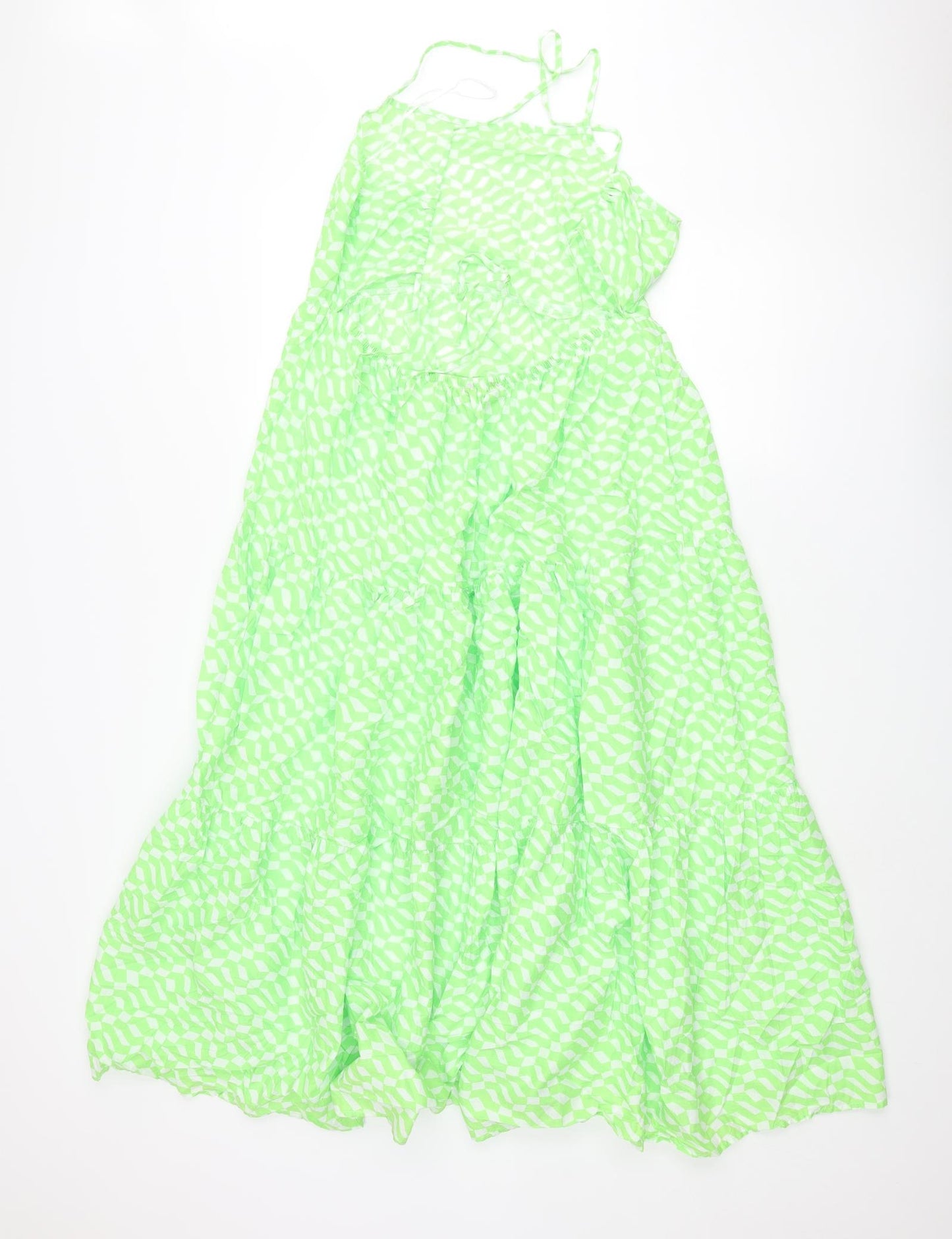 Marks and Spencer Womens Green Geometric Cotton A-Line Size 14 Square Neck Tie
