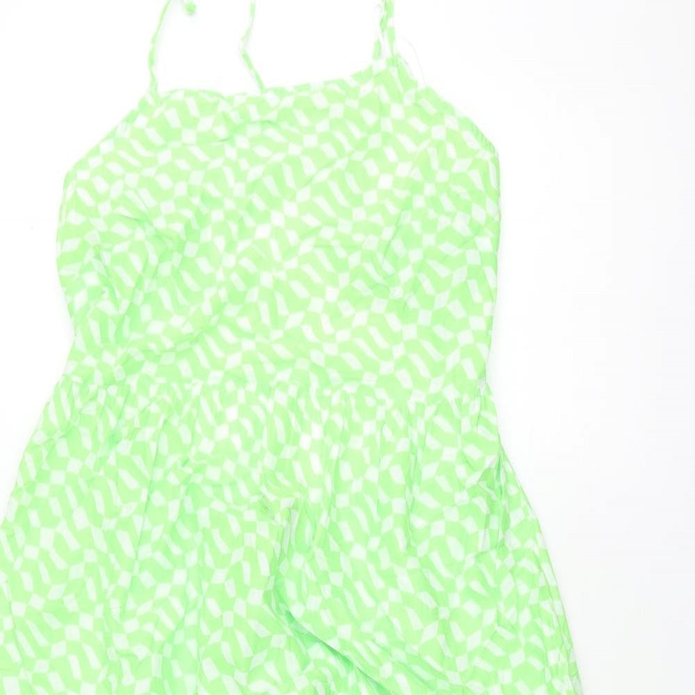 Marks and Spencer Womens Green Geometric Cotton A-Line Size 14 Square Neck Tie