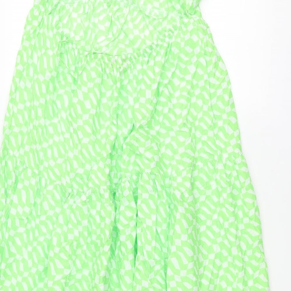 Marks and Spencer Womens Green Geometric Cotton A-Line Size 14 Square Neck Tie