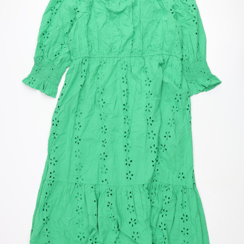 Marks and Spencer Womens Green Cotton Maxi Size 16 Round Neck Tie - Broderie Anglaise