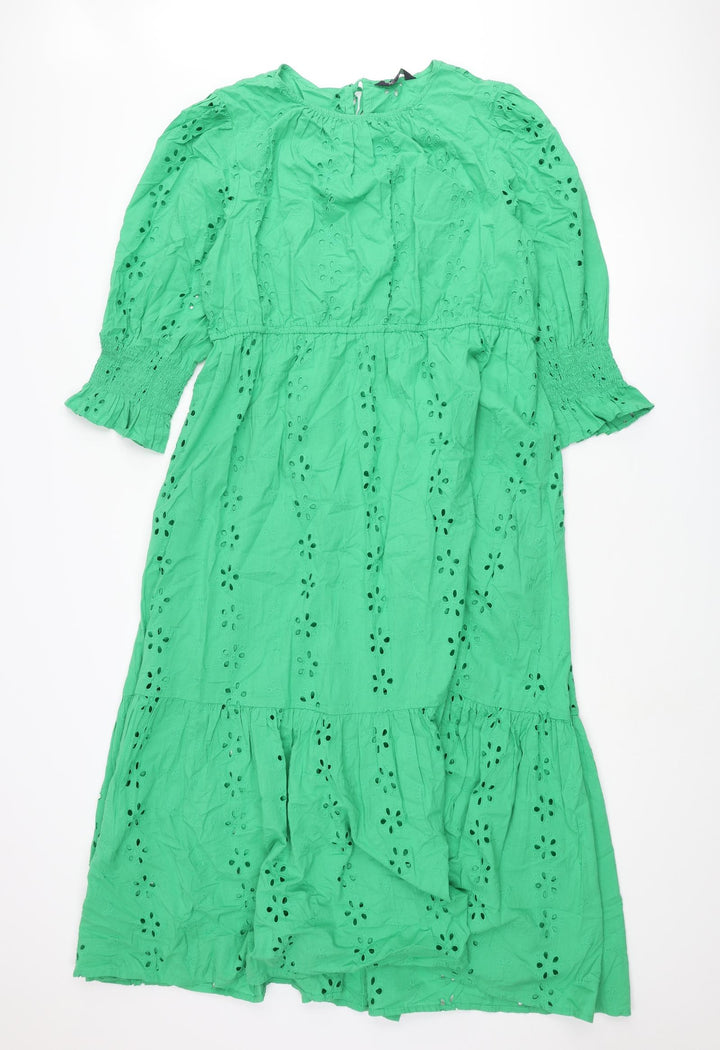 Marks and Spencer Womens Green Cotton Maxi Size 16 Round Neck Tie - Broderie Anglaise