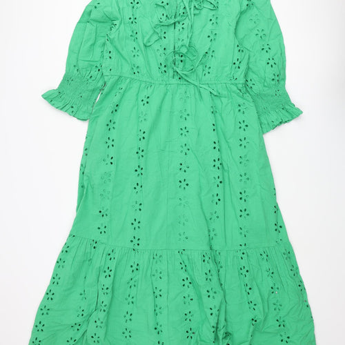 Marks and Spencer Womens Green Cotton Maxi Size 16 Round Neck Tie - Broderie Anglaise