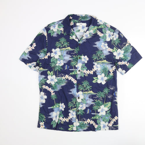 Marks and Spencer Mens Blue Geometric Cotton Button-Up Size M Collared Button - Floral Palm Tree Print