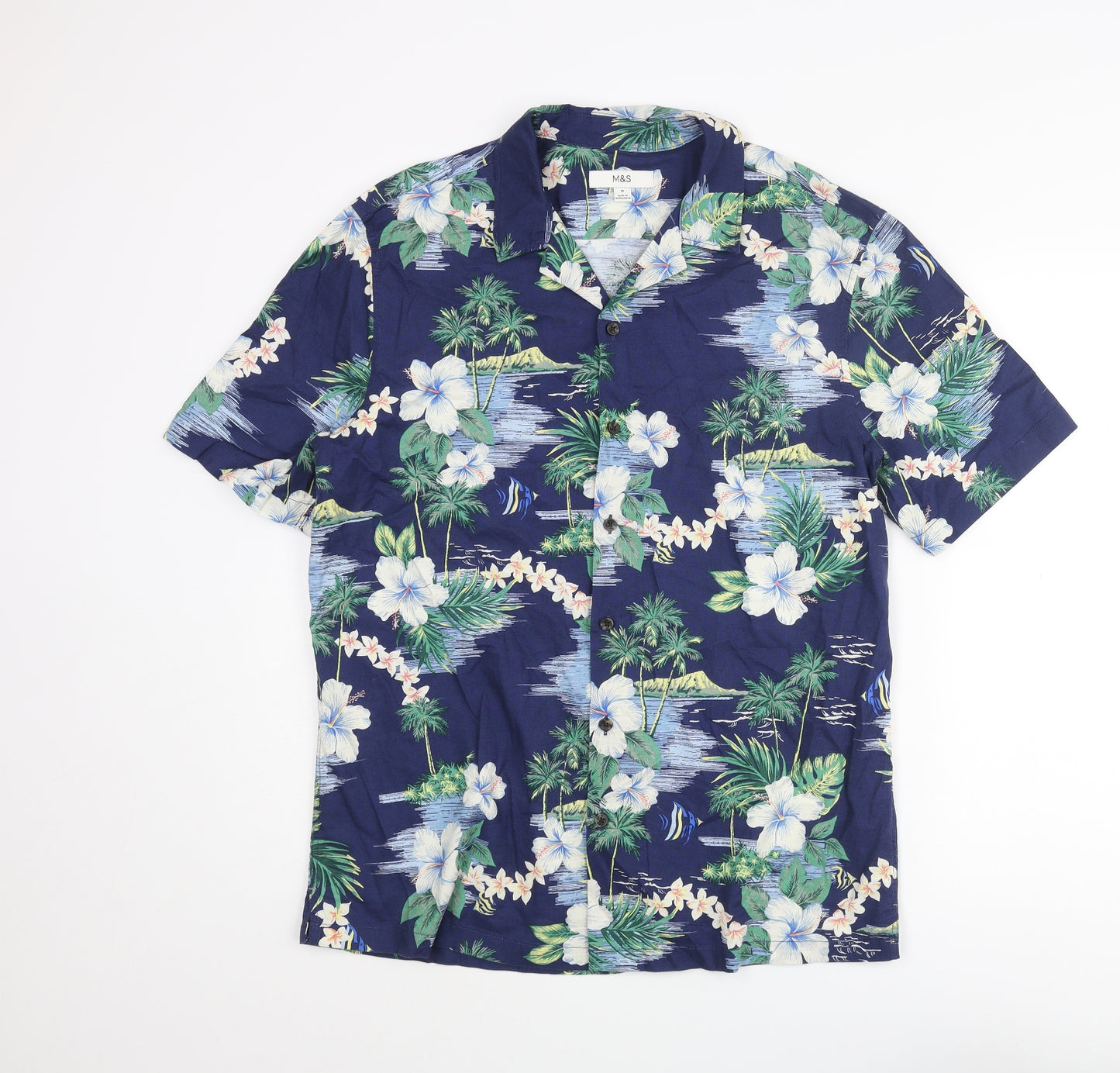Marks and Spencer Mens Blue Geometric Cotton Button-Up Size M Collared Button - Floral Palm Tree Print