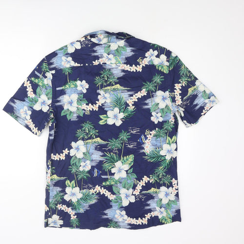 Marks and Spencer Mens Blue Geometric Cotton Button-Up Size M Collared Button - Floral Palm Tree Print