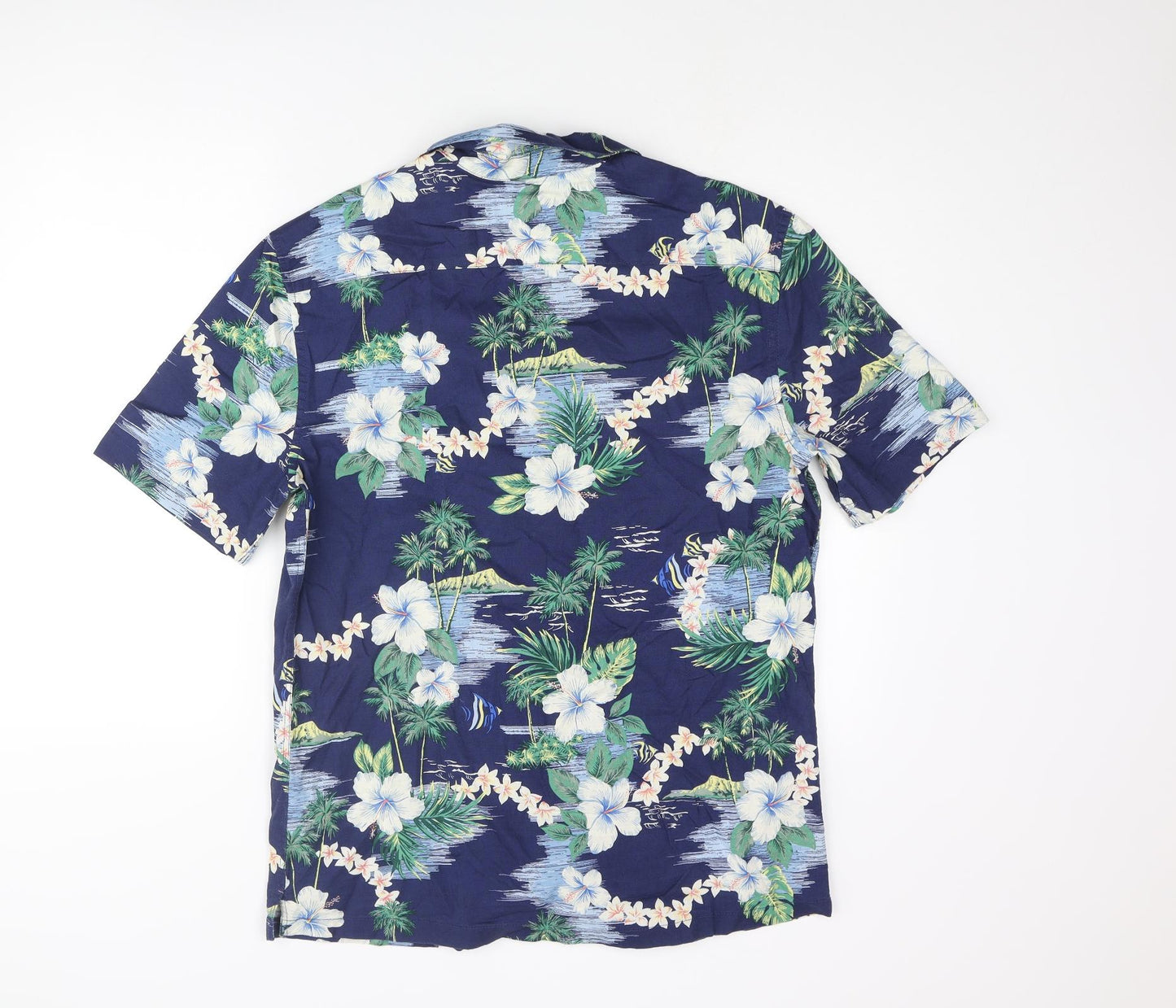 Marks and Spencer Mens Blue Geometric Cotton Button-Up Size M Collared Button - Floral Palm Tree Print