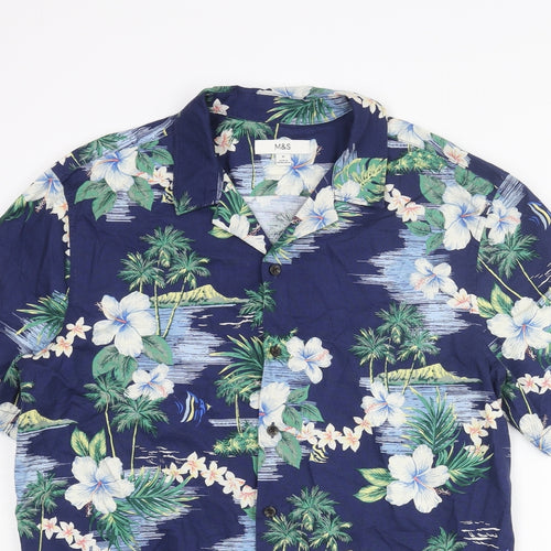 Marks and Spencer Mens Blue Geometric Cotton Button-Up Size M Collared Button - Floral Palm Tree Print