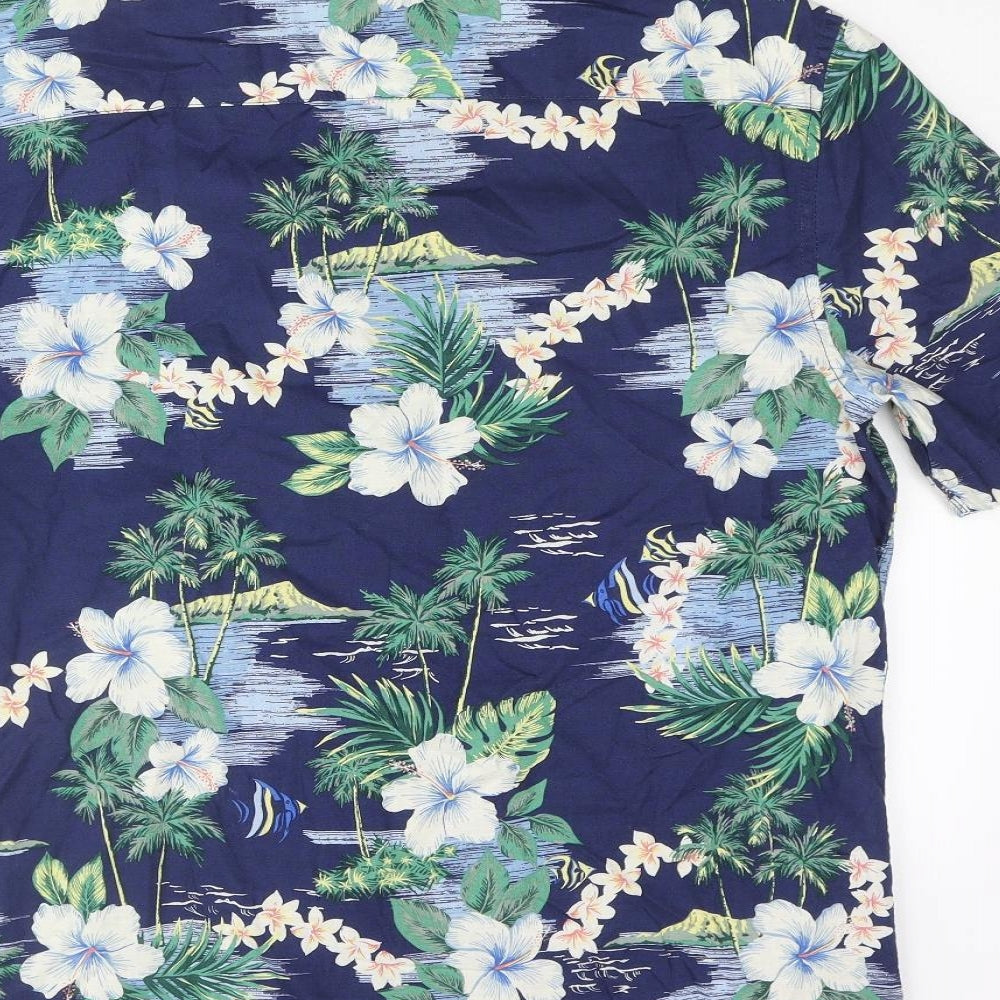 Marks and Spencer Mens Blue Geometric Cotton Button-Up Size M Collared Button - Floral Palm Tree Print