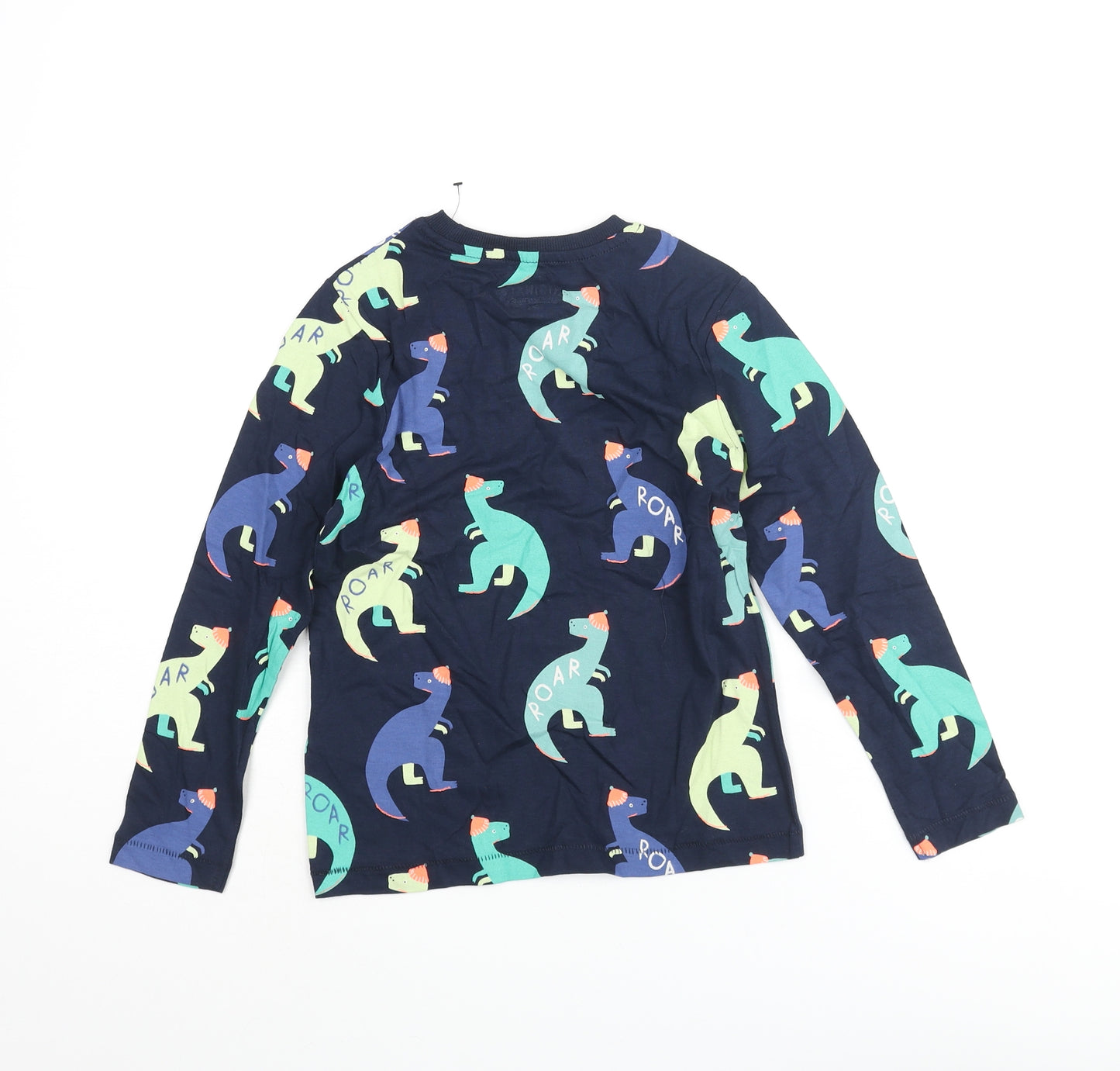 Marks and Spencer Boys Blue Geometric Cotton Basic T-Shirt Size 6-7 Years Crew Neck Pullover - Dinosaur Print