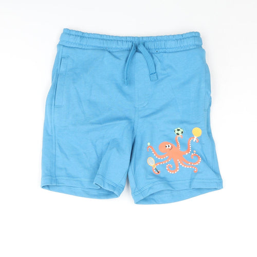 Marks and Spencer Boys Blue Cotton Sweat Shorts Size 7-8 Years Regular Drawstring - Octopus Print