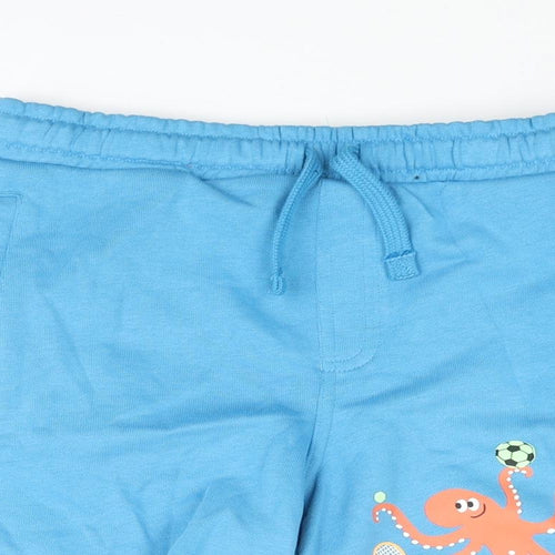 Marks and Spencer Boys Blue Cotton Sweat Shorts Size 7-8 Years Regular Drawstring - Octopus Print