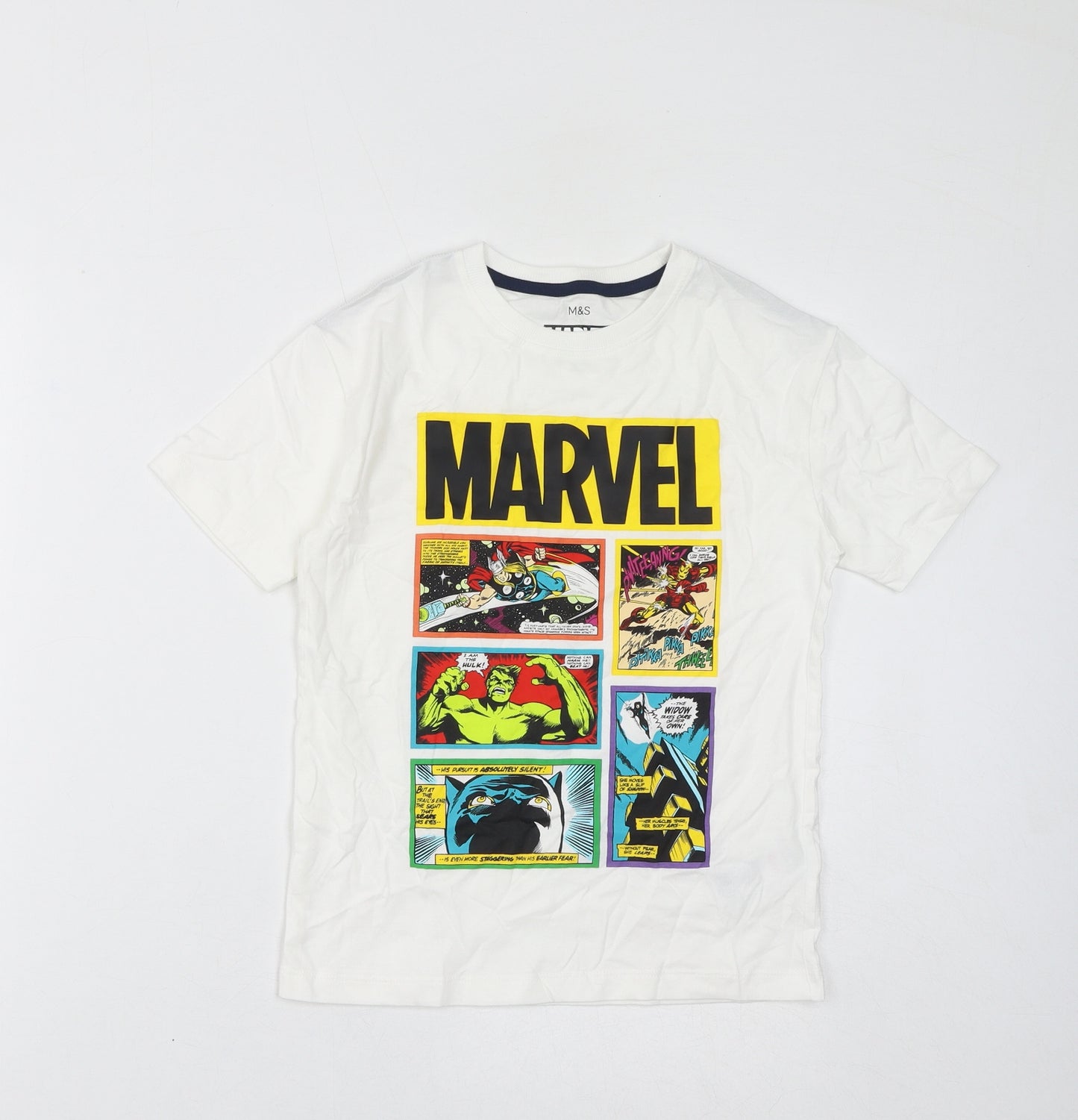 Marks and Spencer Boys White Cotton Basic T-Shirt Size 8-9 Years Crew Neck Pullover - Marvel