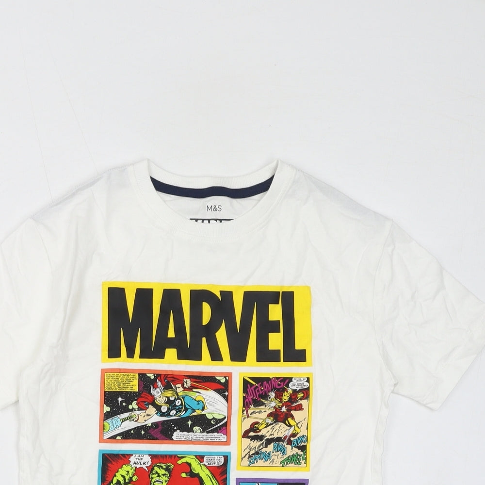 Marks and Spencer Boys White Cotton Basic T-Shirt Size 8-9 Years Crew Neck Pullover - Marvel