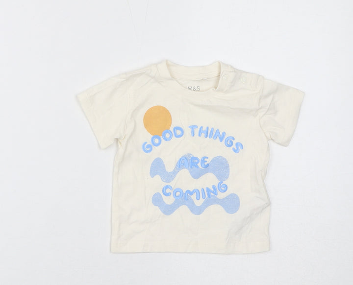 Marks and Spencer Baby White Cotton Basic T-Shirt Size 0-3 Months Round Neck Button - Good Things Are Coming