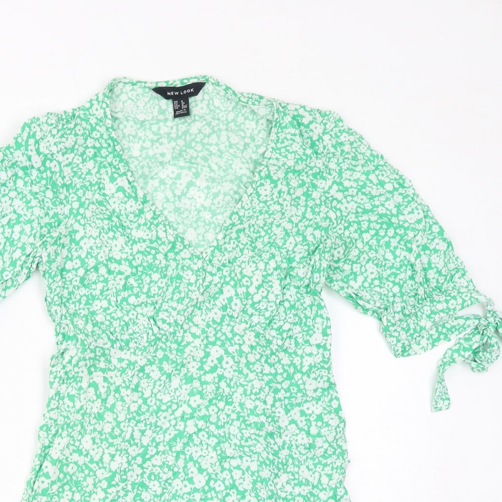 New Look Womens Green Floral Viscose Mini Size 8 V-Neck Pullover