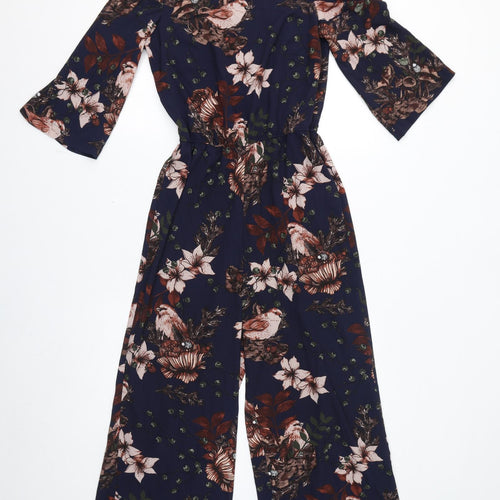 Y.A.S Womens Blue Floral Polyester Jumpsuit One-Piece Size S L25 in Button - Open Shoulder, Birds, Leaves