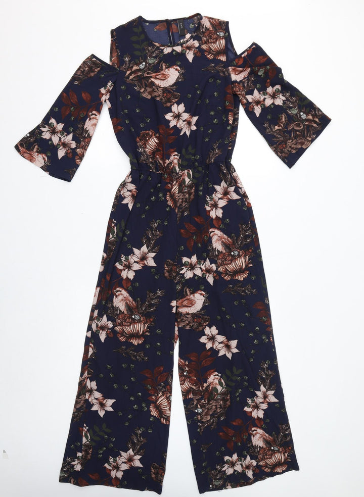 Y.A.S Womens Blue Floral Polyester Jumpsuit One-Piece Size S L25 in Button - Open Shoulder, Birds, Leaves