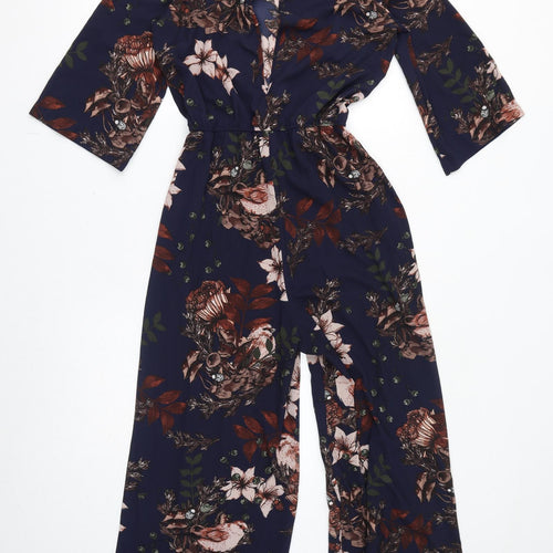 Y.A.S Womens Blue Floral Polyester Jumpsuit One-Piece Size S L25 in Button - Open Shoulder, Birds, Leaves