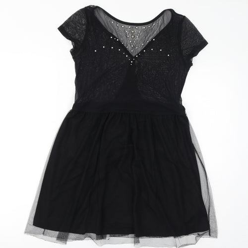 Stradivarius Womens Black Polyester A-Line Size L Round Neck Pullover - Mesh, Metal Embellishments