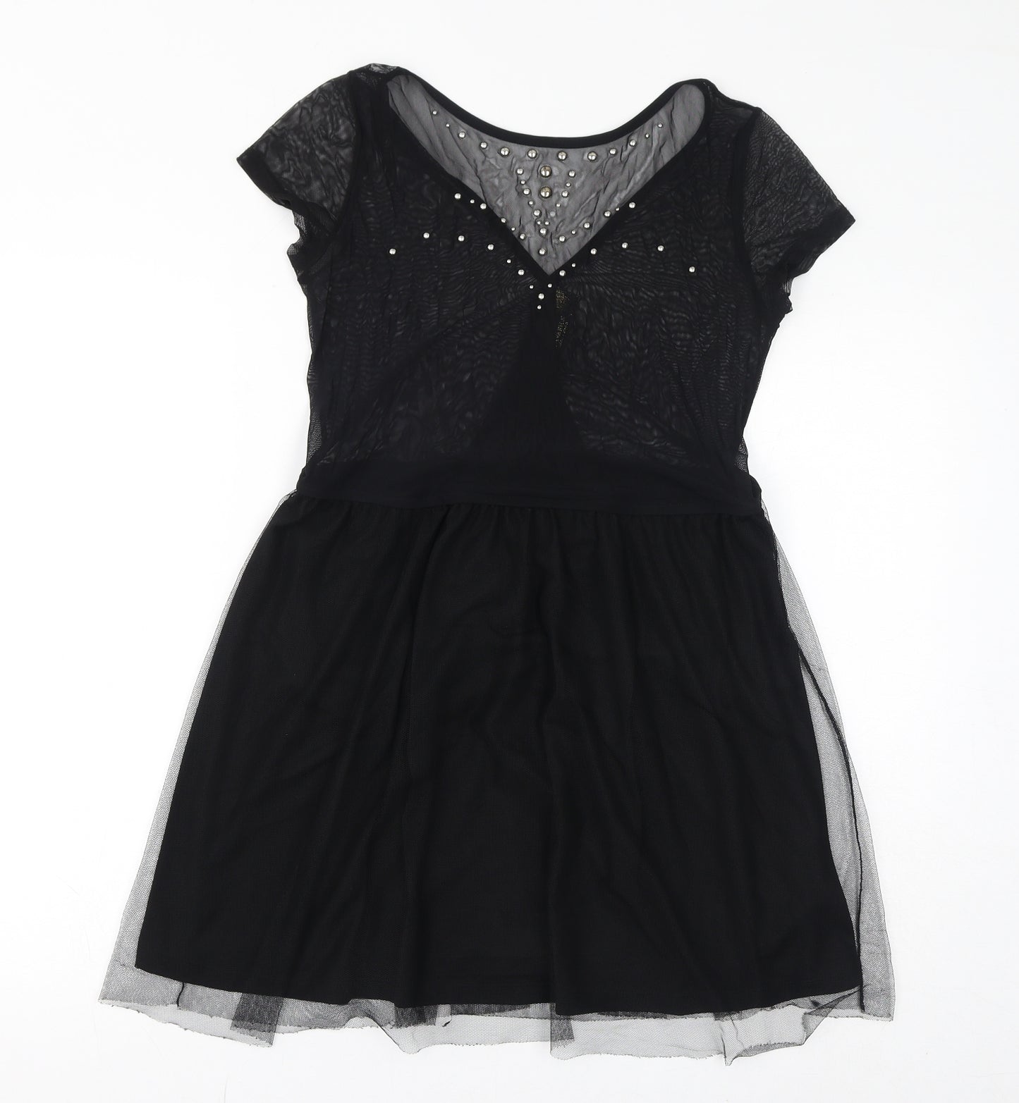 Stradivarius Womens Black Polyester A-Line Size L Round Neck Pullover - Mesh, Metal Embellishments